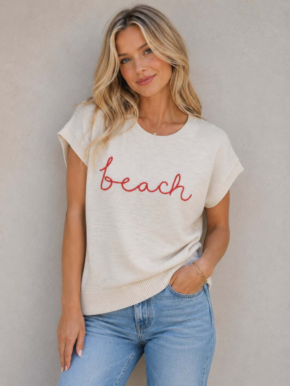 LOFT Outlet Sleeveless Sweater Tank Top with 'beach' Embroidery
M59JC